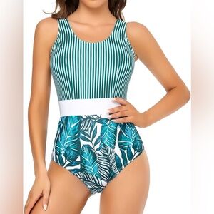Green Striped And Leafy One-piece Swimsuit Bathing Suit NWT Size S